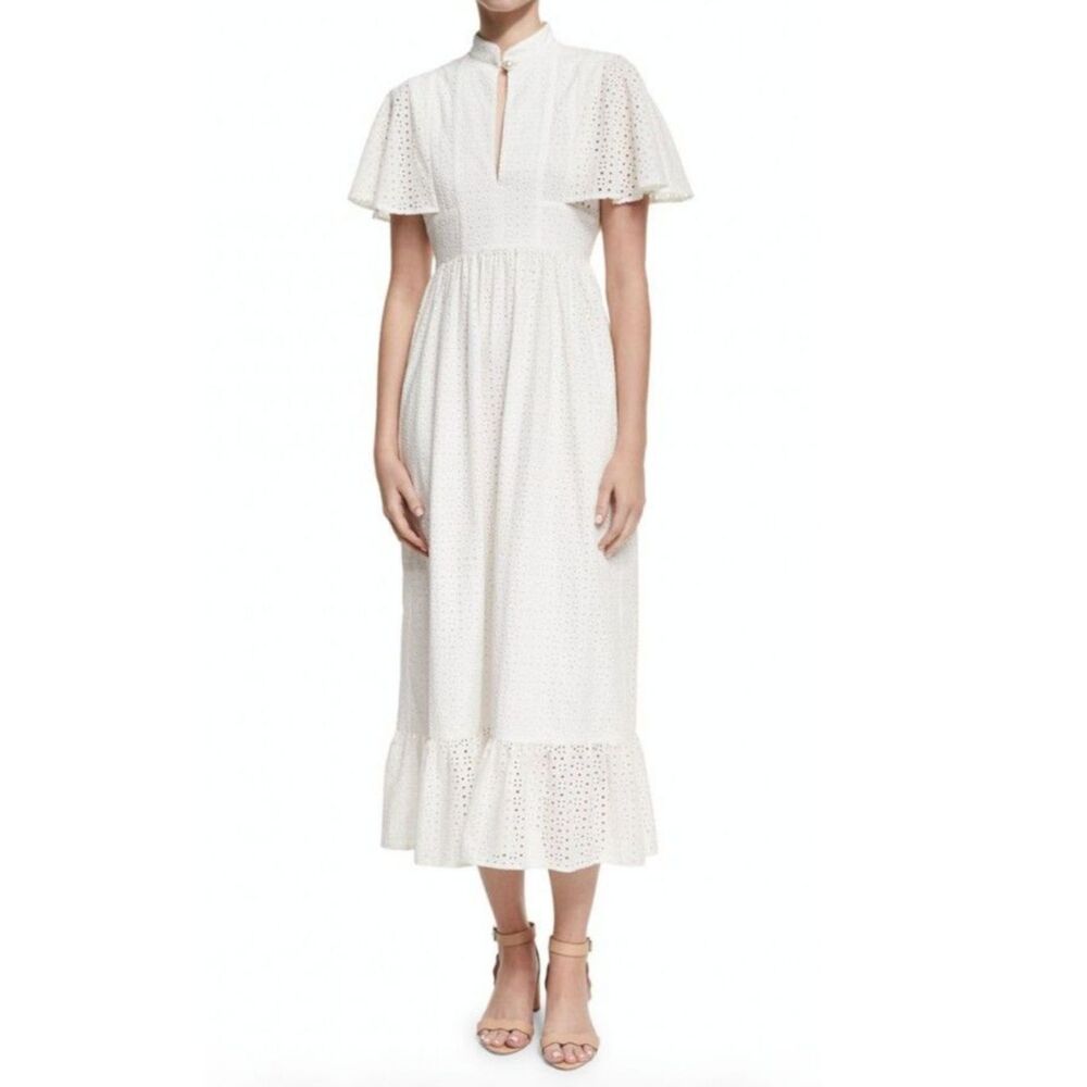 RARE Alexa Chung White Cotton Eyelt Fluttr Cape Midi Dress SZ EU 14 = US 10 2017 - Picture 10 of 16